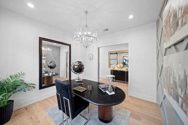 office with visible vents, recessed lighting, light wood-style floors, baseboards, and a chandelier