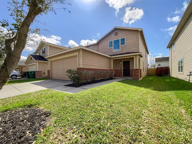 view of front of house with brick siding, a front lawn, fence, concrete driveway, and an attached garage