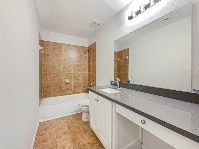 full bathroom featuring vanity, toilet, visible vents, and shower / bathtub combination