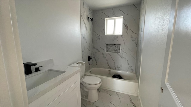 full bathroom featuring toilet, marble finish floor, shower / washtub combination, and vanity