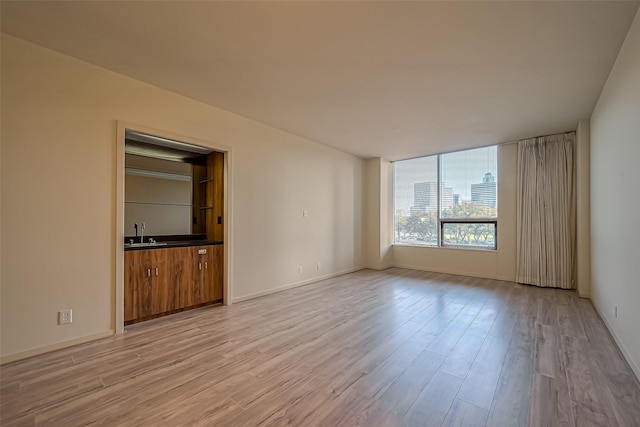 spare room with baseboards, light wood finished floors, and a sink