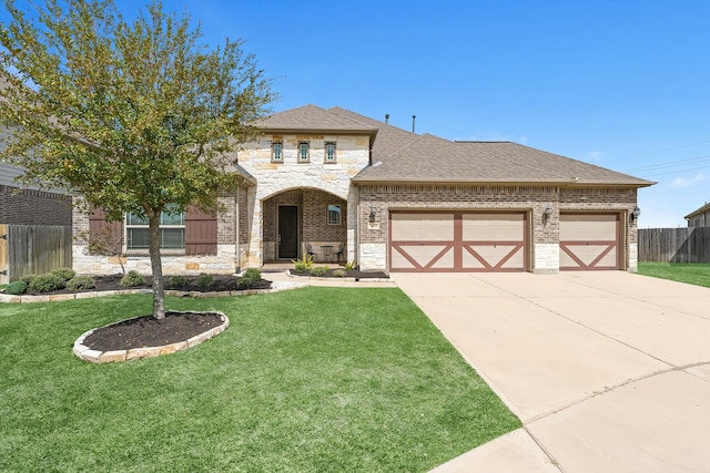 view of front of property with a garage, stone siding, concrete driveway, and a front lawn