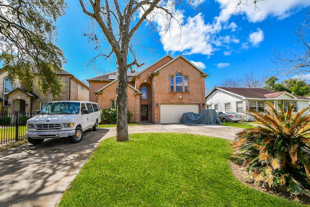 view of front of house with brick siding, an attached garage, concrete driveway, and fence