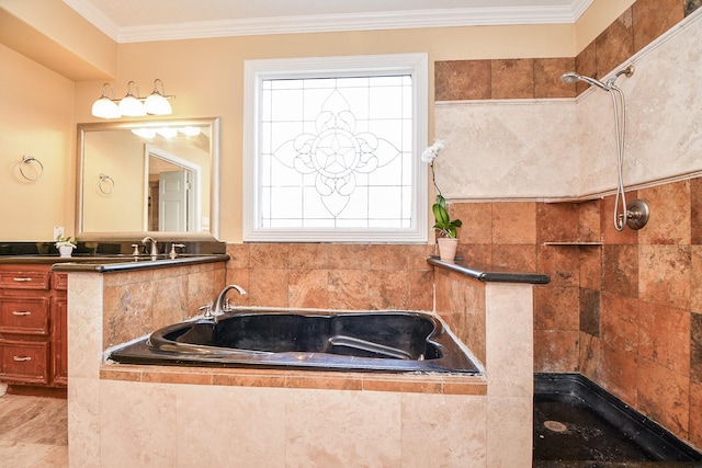 full bath featuring vanity, crown molding, a bath, and a tile shower