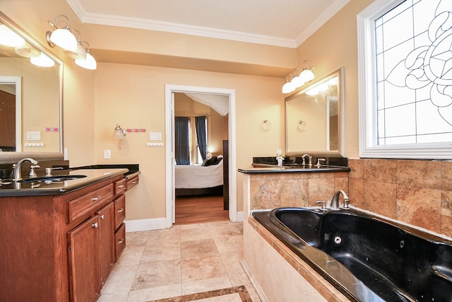 full bathroom with crown molding, a tub with jets, baseboards, and connected bathroom