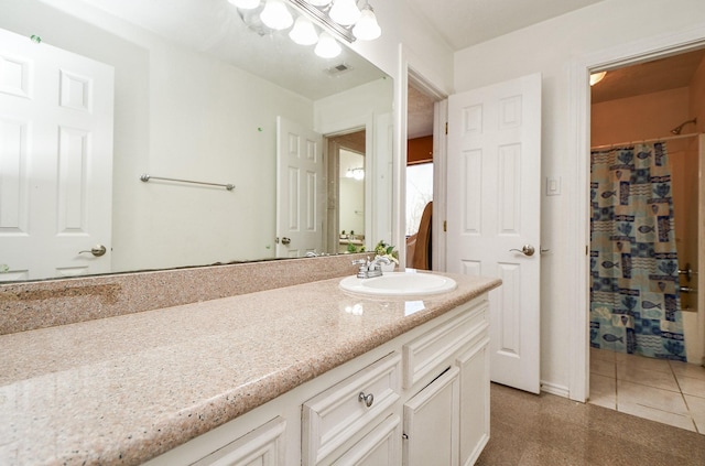 full bathroom featuring tile patterned floors, visible vents, vanity, and a shower with shower curtain