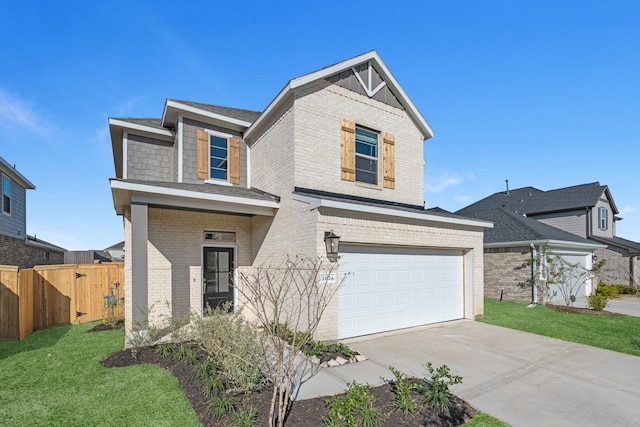 view of front of house featuring a front yard, fence, concrete driveway, a garage, and brick siding