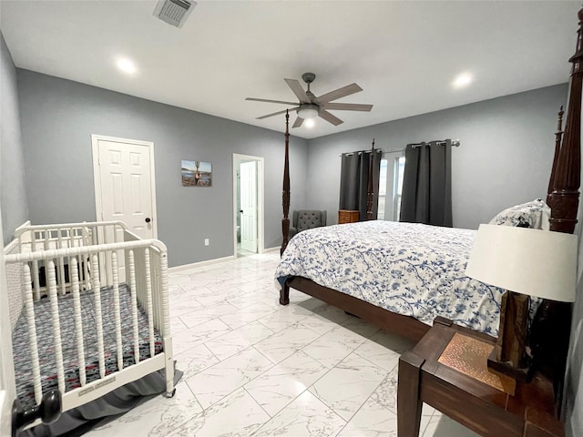 bedroom featuring visible vents, baseboards, recessed lighting, marble finish floor, and a ceiling fan