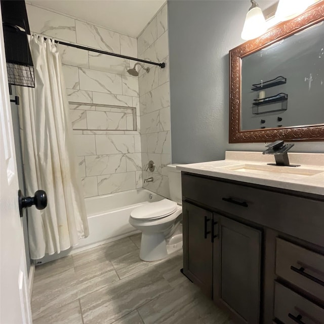 bathroom with toilet, vanity, and shower / tub combo with curtain