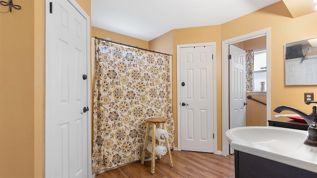 full bathroom with vanity, a shower with shower curtain, and wood finished floors