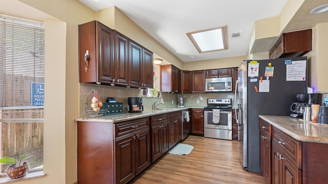 kitchen featuring visible vents, backsplash, light wood-style flooring, stainless steel appliances, and a sink