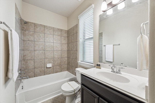 bathroom with shower / bathing tub combination, plenty of natural light, toilet, and vanity