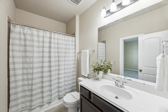 full bath featuring visible vents, toilet, vanity, and shower / bath combination with curtain