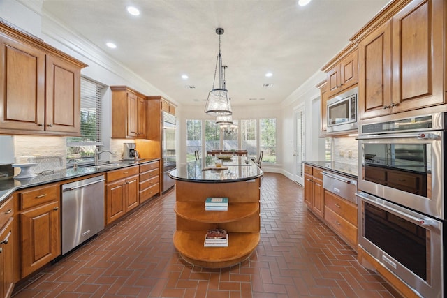 kitchen with a warming drawer, ornamental molding, open shelves, brick floor, and built in appliances