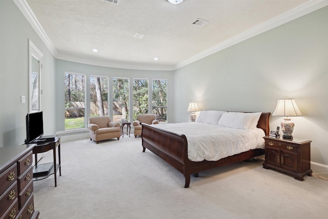 bedroom with visible vents, light colored carpet, ornamental molding, recessed lighting, and a textured ceiling