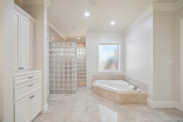 bathroom with visible vents, ornamental molding, a walk in shower, a garden tub, and marble finish floor