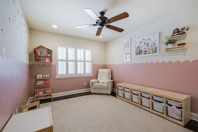 interior space featuring carpet, recessed lighting, a ceiling fan, and baseboards