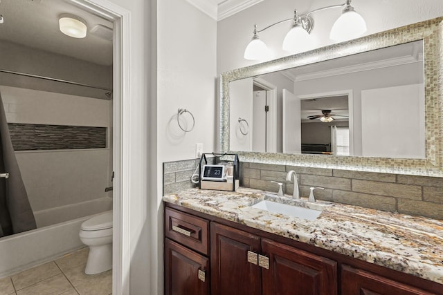 full bath with tile patterned flooring, toilet, crown molding, and a ceiling fan