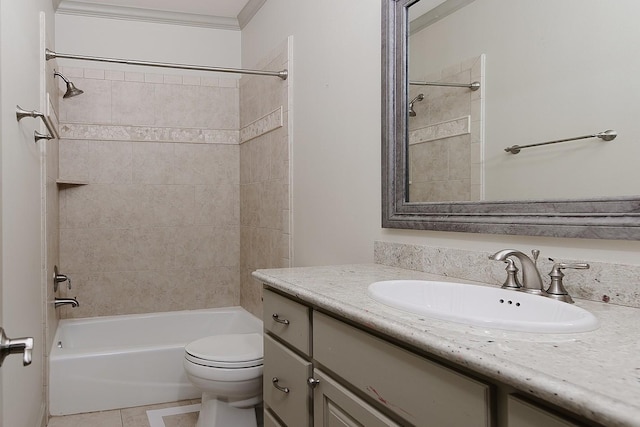 full bathroom featuring vanity, toilet, washtub / shower combination, and tile patterned flooring