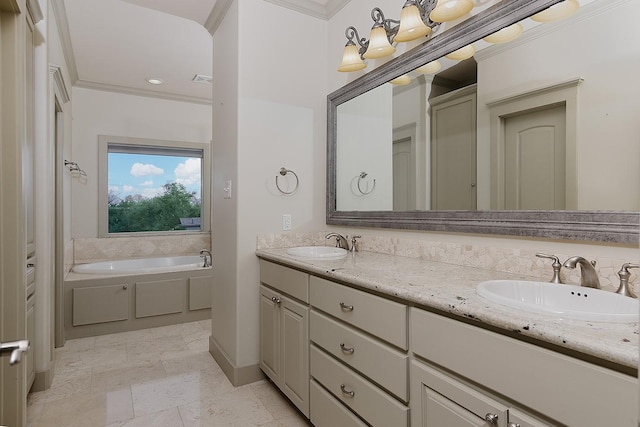 full bathroom with a sink, a garden tub, double vanity, and crown molding