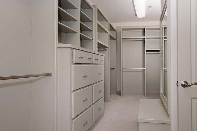 walk in closet with light colored carpet