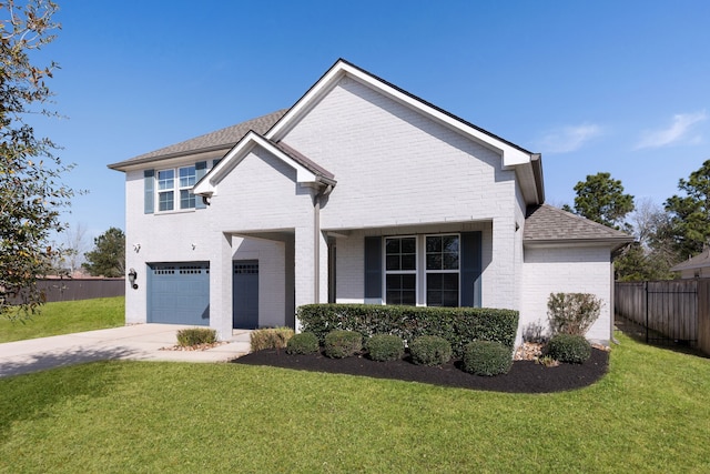 view of front facade featuring driveway, fence, a front yard, a garage, and brick siding