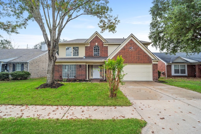 traditional-style house featuring brick siding, a garage, driveway, and a front lawn