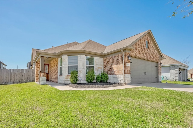 ranch-style house featuring a front yard, fence, an attached garage, concrete driveway, and brick siding