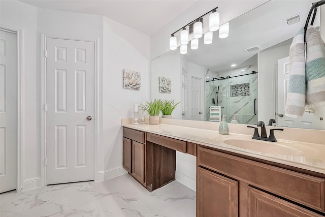 bathroom featuring a marble finish shower, visible vents, marble finish floor, and vanity