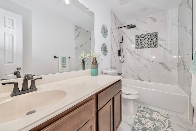 bathroom with vanity, shower / bathing tub combination, toilet, and marble finish floor