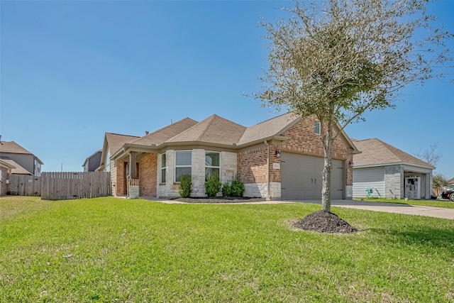 view of front of home with brick siding, driveway, a garage, and fence