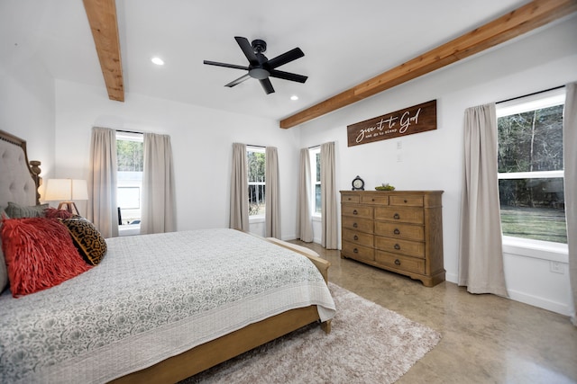 bedroom featuring baseboards, finished concrete floors, beam ceiling, recessed lighting, and a ceiling fan