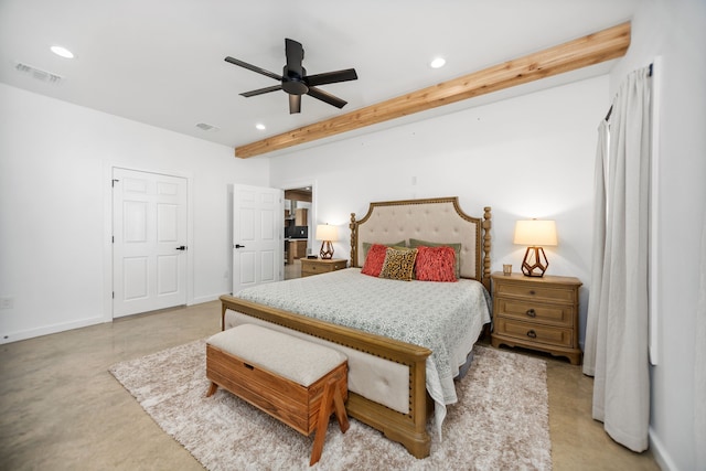bedroom with visible vents, finished concrete flooring, recessed lighting, and baseboards