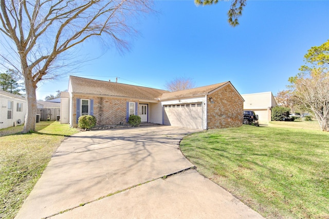 view of front facade featuring concrete driveway, an attached garage, brick siding, and a front yard