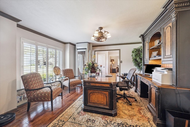 office space featuring a textured ceiling, crown molding, and dark wood-style flooring