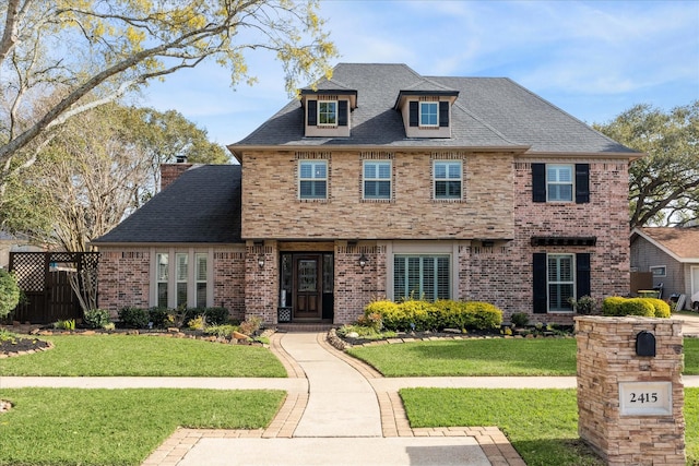 view of front facade with brick siding, fence, a front yard, roof with shingles, and a chimney