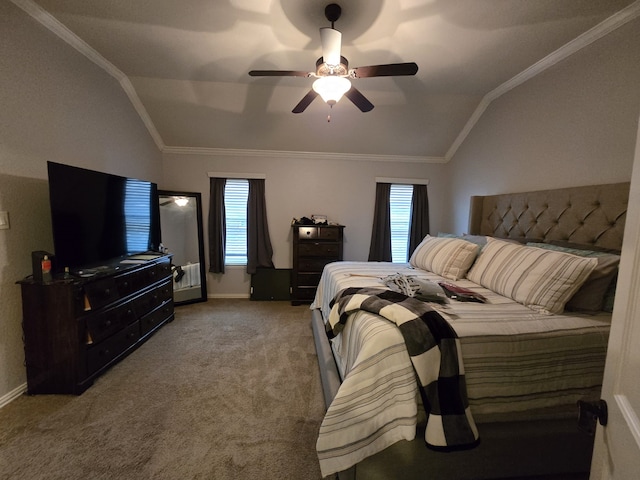 bedroom with lofted ceiling, crown molding, multiple windows, and light colored carpet