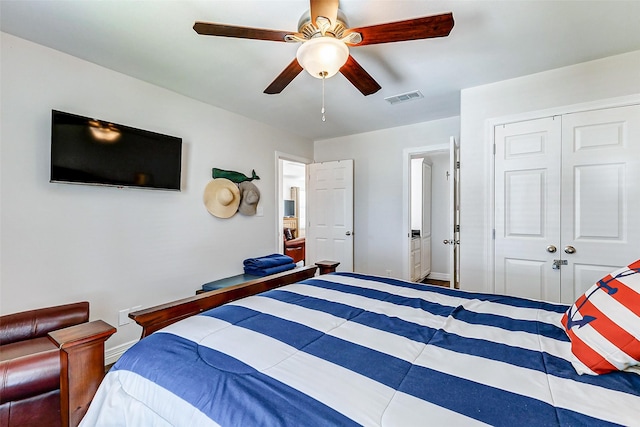 bedroom with a ceiling fan, visible vents, and a closet