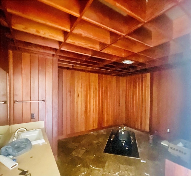 basement featuring a sink and wood walls