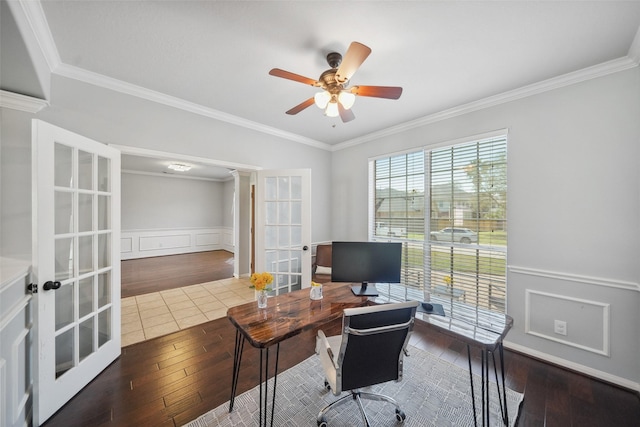 office area with french doors, wood-type flooring, wainscoting, and a ceiling fan