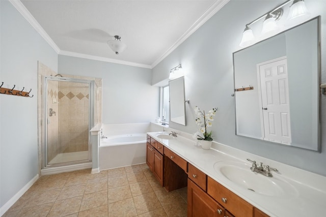 full bathroom featuring a garden tub, ornamental molding, a stall shower, and a sink