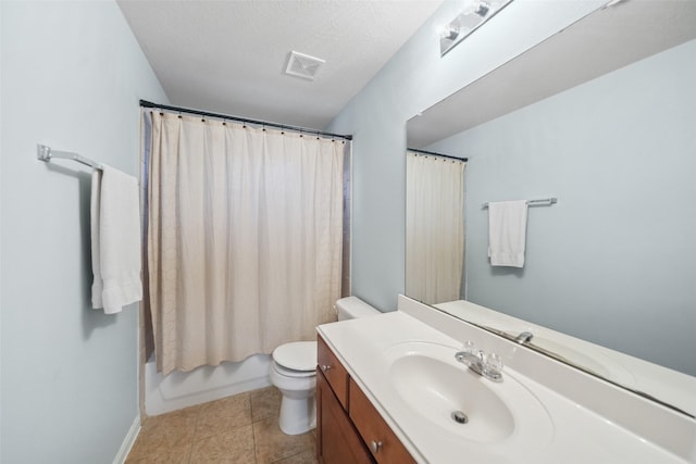 full bath with vanity, visible vents, shower / bath combo, tile patterned flooring, and toilet