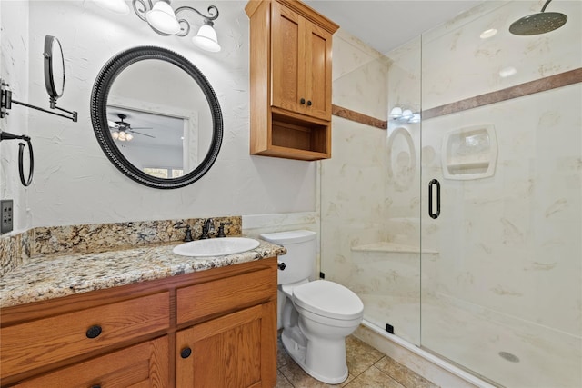 full bathroom with vanity, a stall shower, ceiling fan, tile patterned floors, and toilet