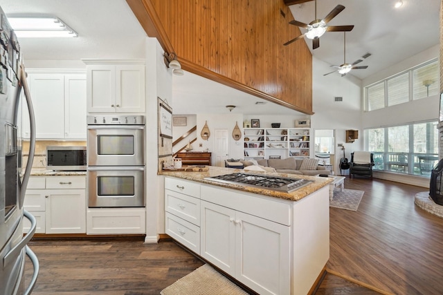 kitchen featuring light stone counters, a peninsula, ceiling fan, stainless steel appliances, and open floor plan