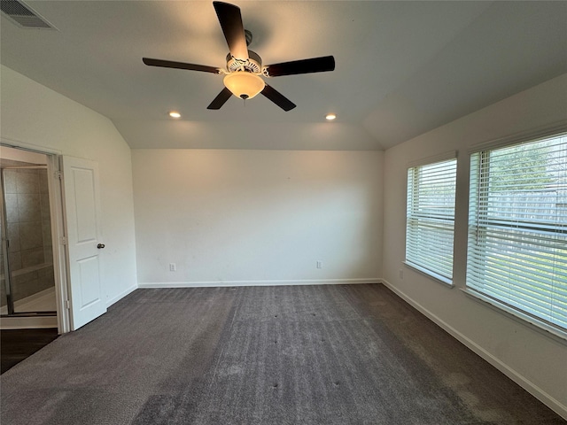 spare room featuring visible vents, ceiling fan, baseboards, lofted ceiling, and recessed lighting