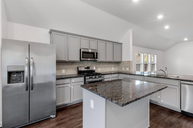 5431 Tourmaline Way, Brookshire, TX 77423 - kitchen featuring appliances with stainless steel finishes, a sink, dark wood finished floors, dark stone counters, and lofted ceiling