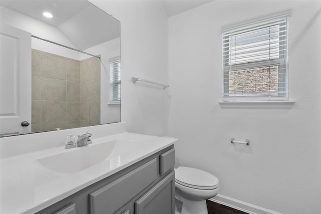 5431 Tourmaline Way, Brookshire, TX 77423 - bathroom with toilet, baseboards, vanity, wood finished floors, and a shower