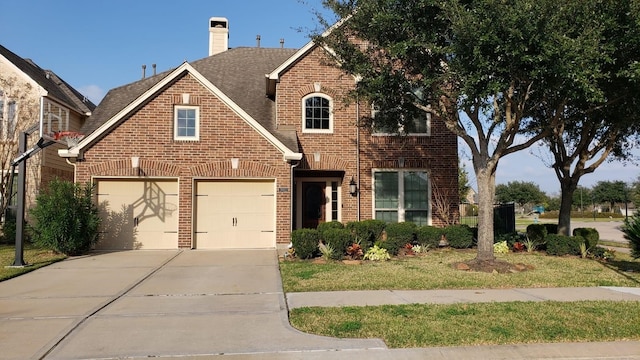 traditional-style house featuring concrete driveway, brick siding, and a chimney