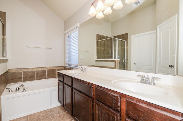 full bath featuring visible vents, a sink, tile patterned flooring, a shower stall, and a garden tub