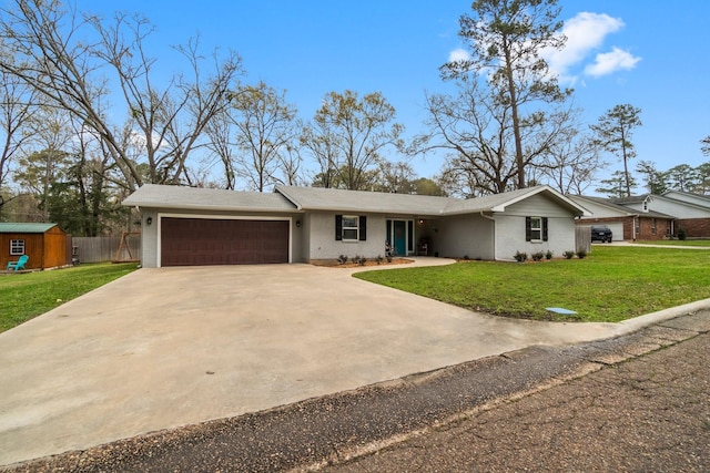 ranch-style house with fence, driveway, an attached garage, a front lawn, and brick siding